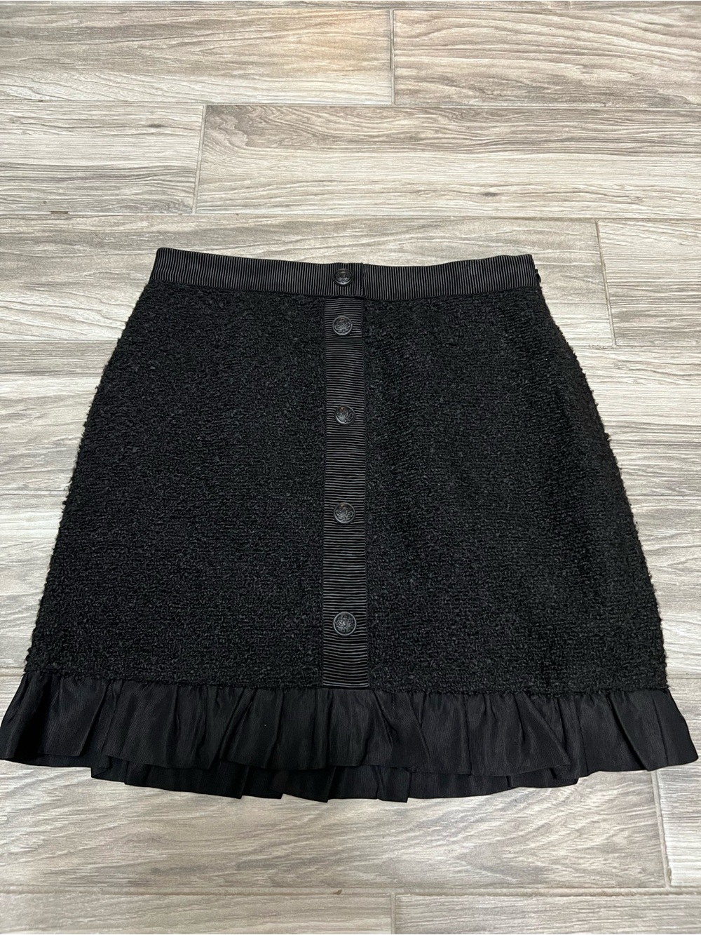 LOFT Black Bouclé Button-Front Mini Skirt with Ruffle Hem